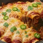 Ground Beef Enchiladas baked with red sauce and melted cheese