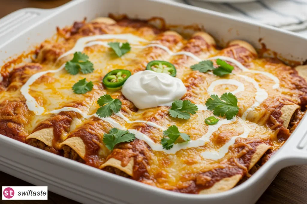 Ground Beef Enchilada Casserole baked with melted cheese and enchilada sauce
