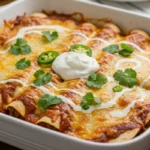 Ground Beef Enchilada Casserole baked with melted cheese and enchilada sauce