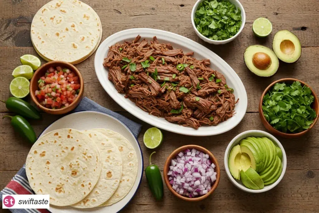 Crock Pot Shredded Beef Tacos with tortillas and fresh toppings