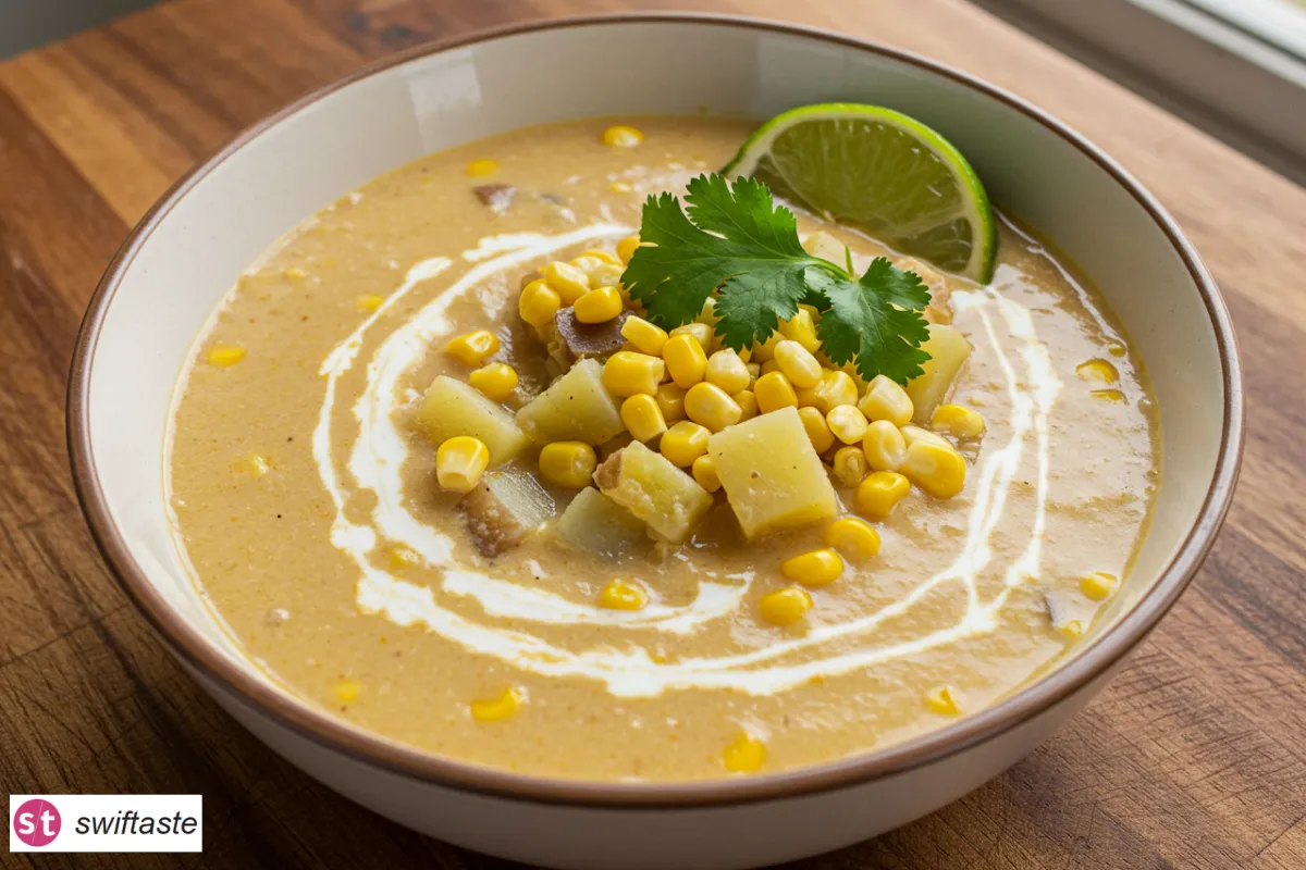 Creamy Poblano Corn Chowder with Potatoes in rustic bowl