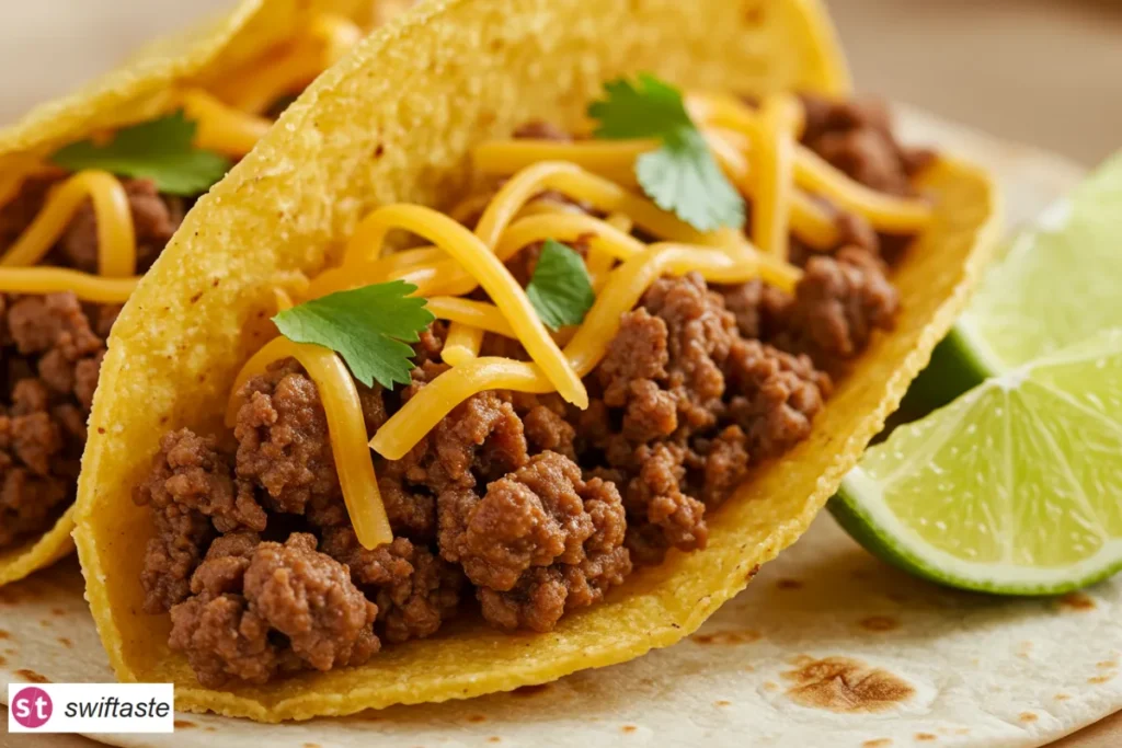 Crispy Ground Beef Tacos close-up with melted cheddar