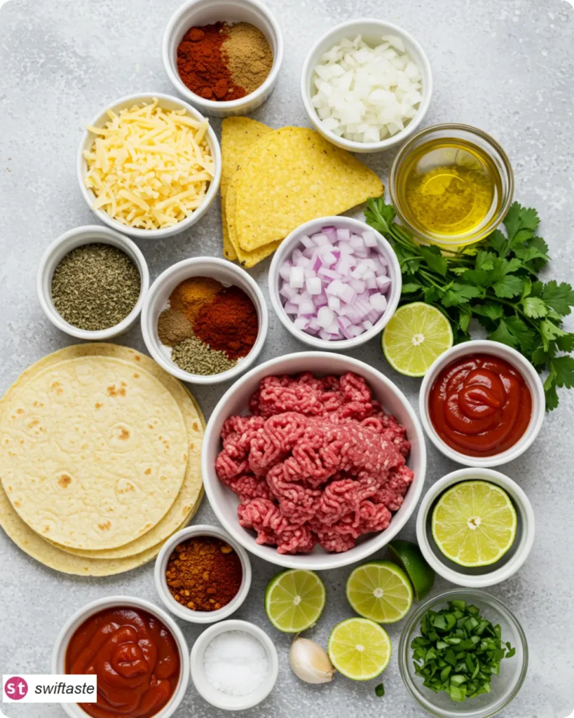 Ingredients for Crispy Ground Beef Tacos overhead