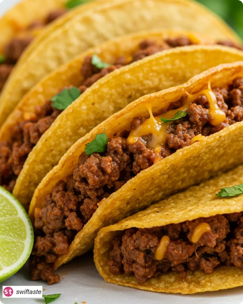 Crispy Ground Beef Tacos stacked and ready to serve