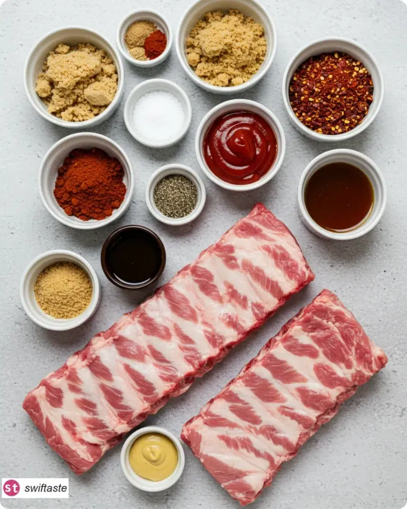 Ingredients for Easy Oven Baked Chipotle BBQ Ribs laid out overhead