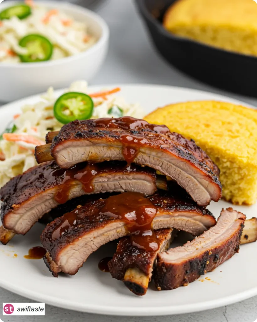 Easy Oven Baked Chipotle BBQ Ribs served with slaw and cornbread