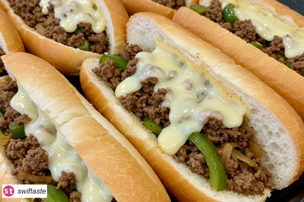 Ground Beef Philly Cheesesteaks with peppers, onions, and melted provolone