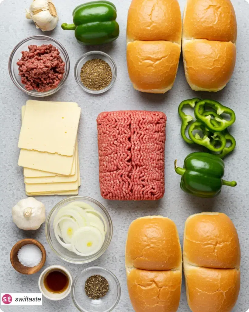 Ingredients for Ground Beef Philly Cheesesteaks laid out flat