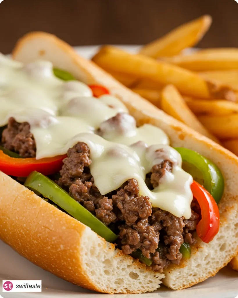 Plated Ground Beef Philly Cheesesteak with melty provolone