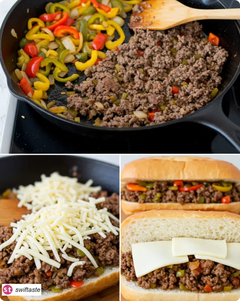 Steps for Ground Beef Philly Cheesesteaks from sauté to cheesy assembly