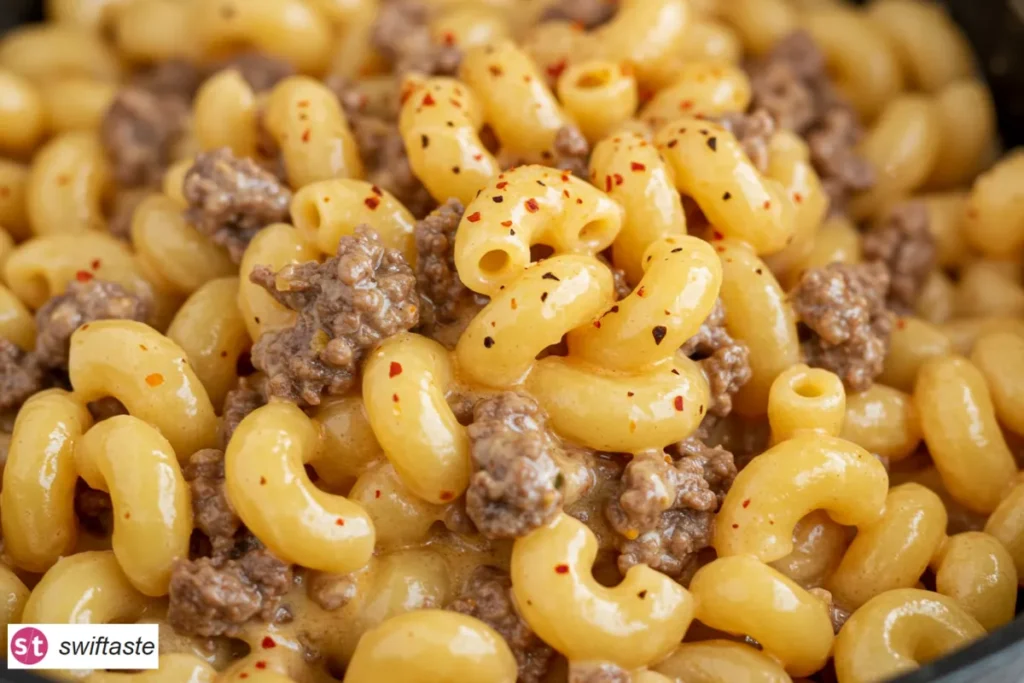 Homemade Hamburger Helper close-up with creamy cheddar sauce