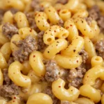 Homemade Hamburger Helper close-up with creamy cheddar sauce