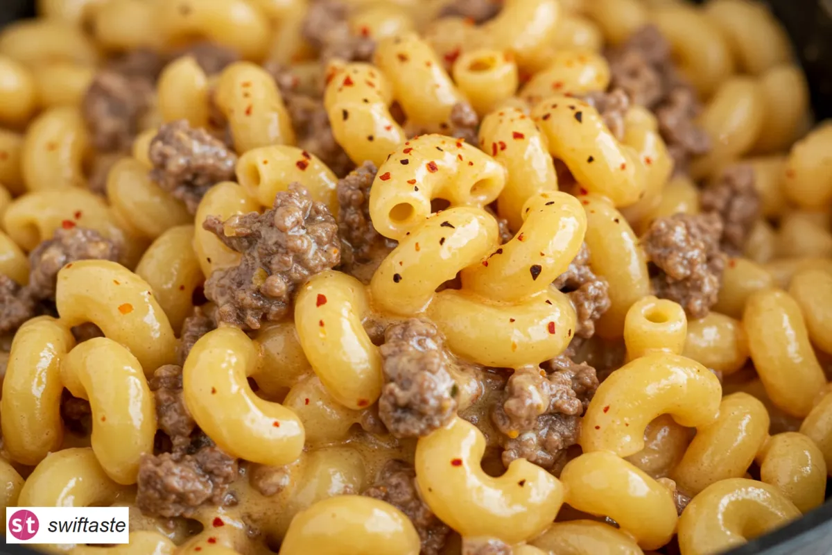 Homemade Hamburger Helper close-up with creamy cheddar sauce