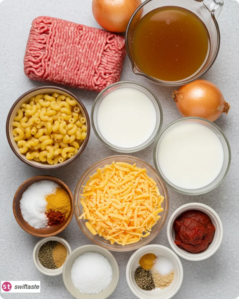 Ingredients for Homemade Hamburger Helper overhead