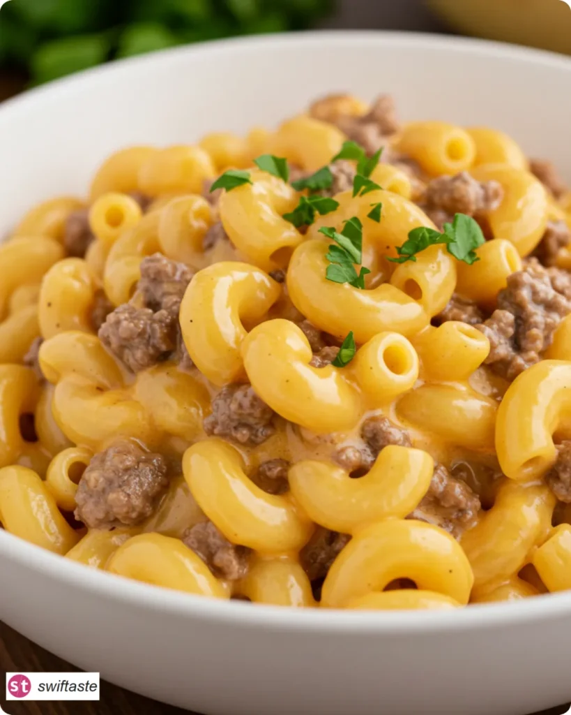 Homemade Hamburger Helper served in a bowl with chives