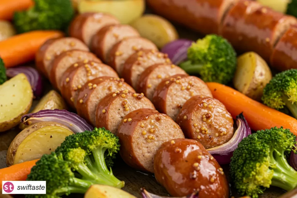 Honey Mustard Chicken Sausage Sheet Pan close-up