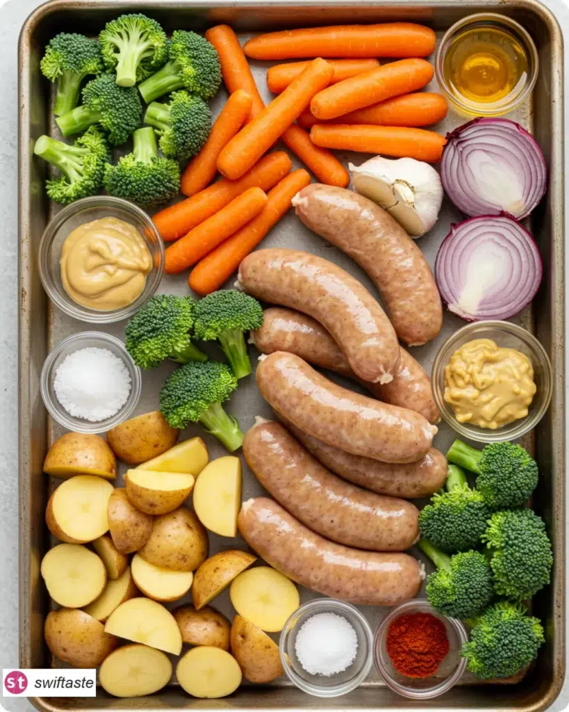 Ingredients for Honey Mustard Chicken Sausage Sheet Pan