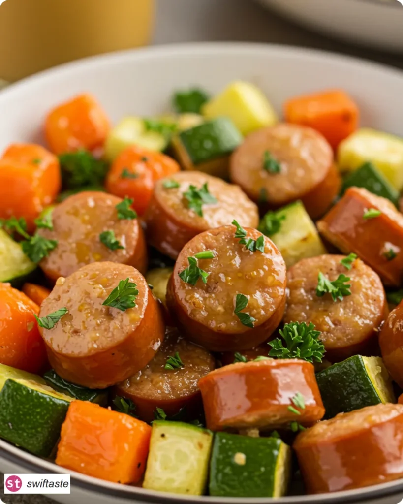 Honey Mustard Chicken Sausage Sheet Pan served in a bowl