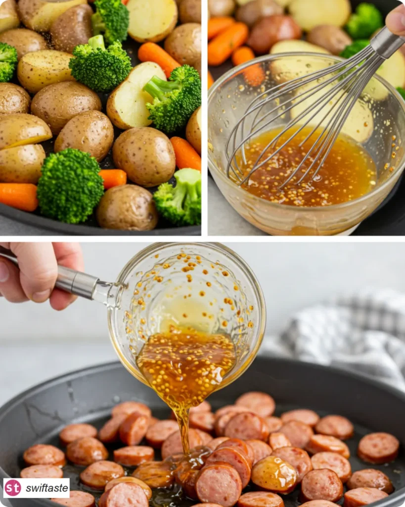 Steps for Honey Mustard Chicken Sausage Sheet Pan collage