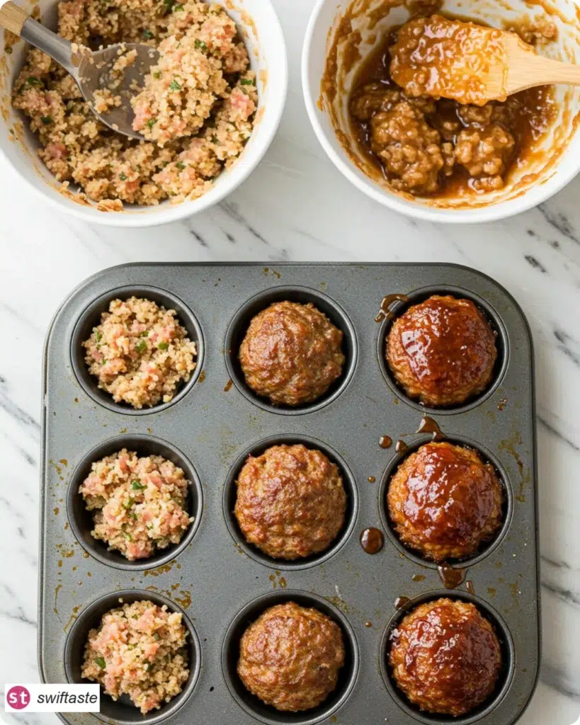 Steps for Mini Muffin Tin Meatloaves from mixing to glazing and baking