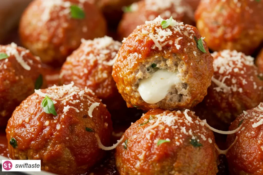 Mozzarella Stuffed Turkey Meatballs with gooey mozzarella center