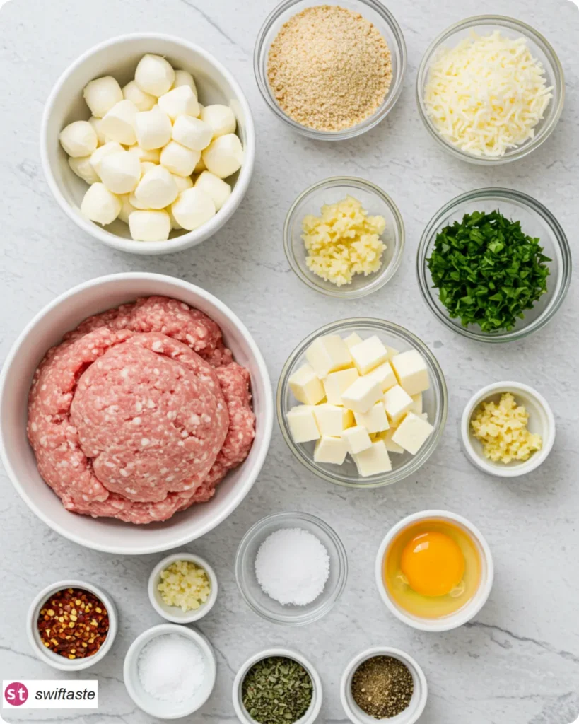 Ingredients for Mozzarella Stuffed Turkey Meatballs laid out overhead