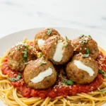 Mozzarella Stuffed Turkey Meatballs served with pasta and marinara