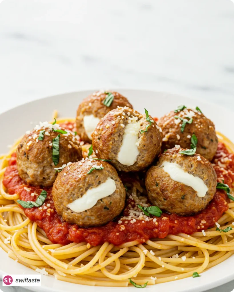 Mozzarella Stuffed Turkey Meatballs served with pasta and marinara