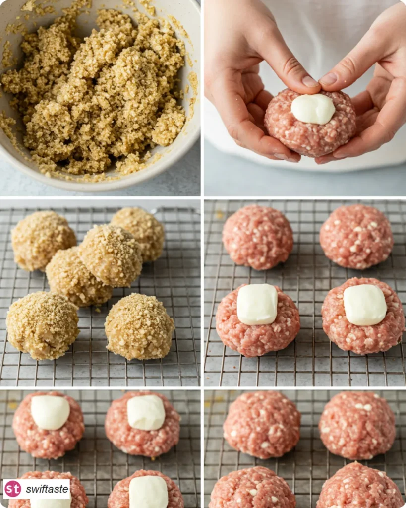 Steps for making Mozzarella Stuffed Turkey Meatballs from mixing to baking