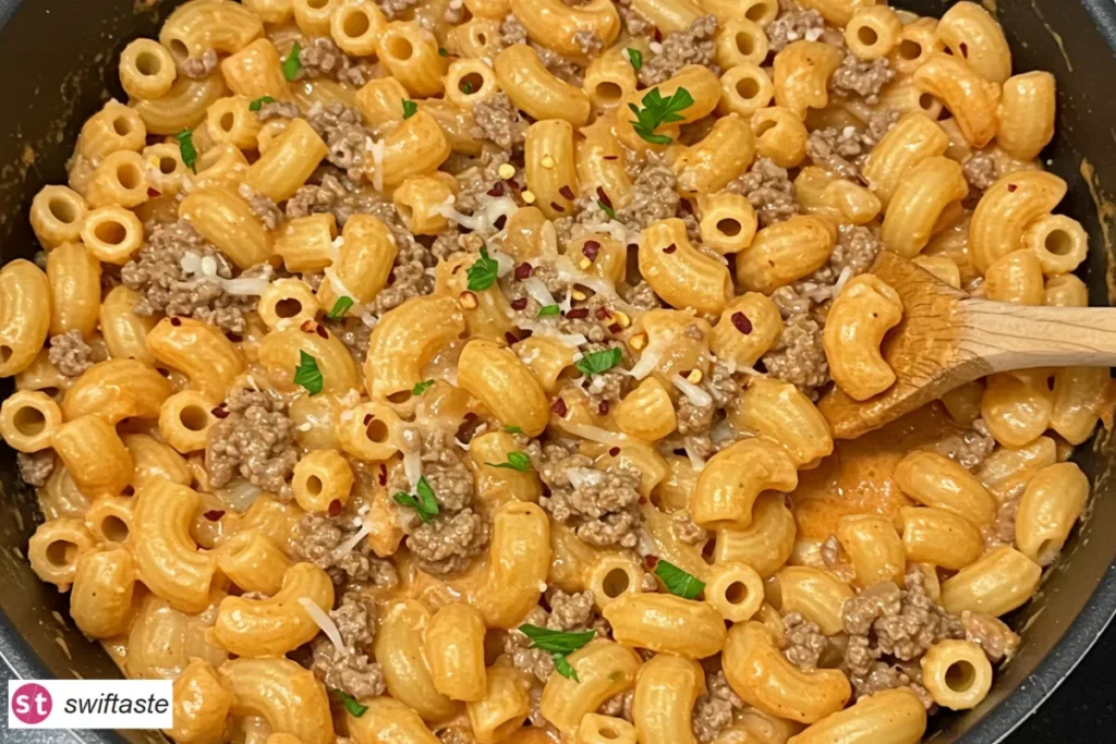 One-Pot Creamy Ground Beef Pasta close-up with creamy tomato sauce and Parmesan