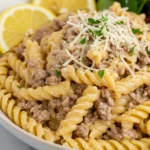 Bowl of One-Pot Creamy Ground Beef Pasta ready to serve