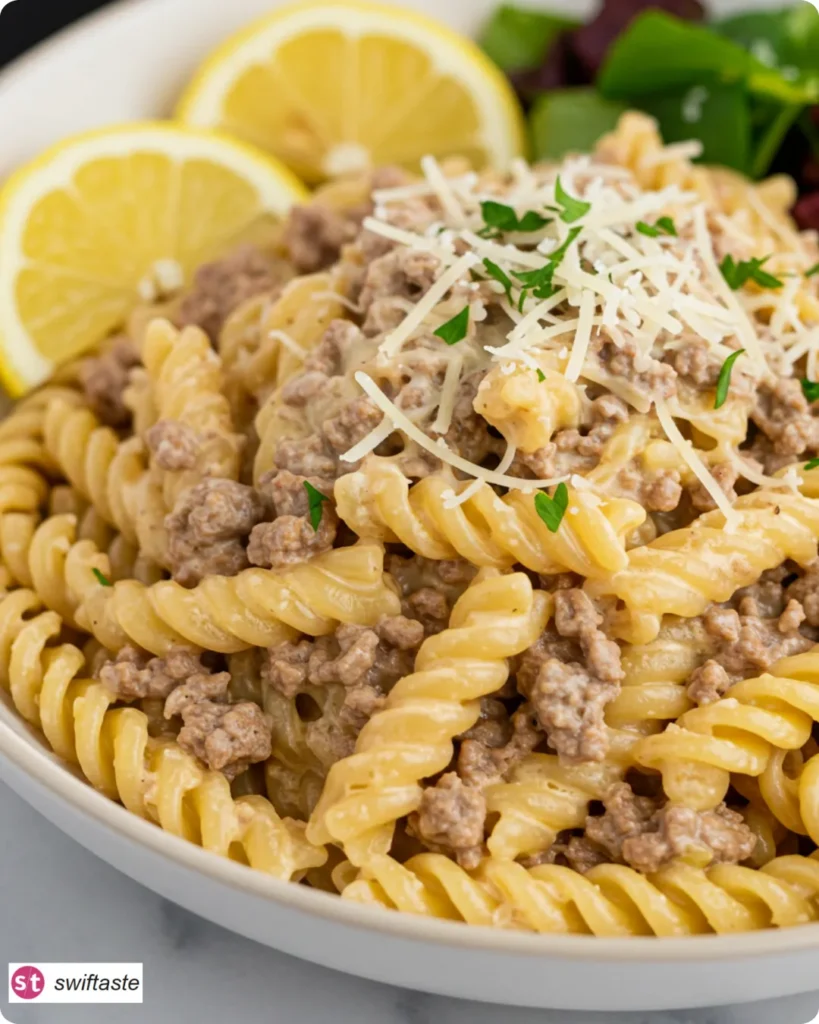 Bowl of One-Pot Creamy Ground Beef Pasta ready to serve