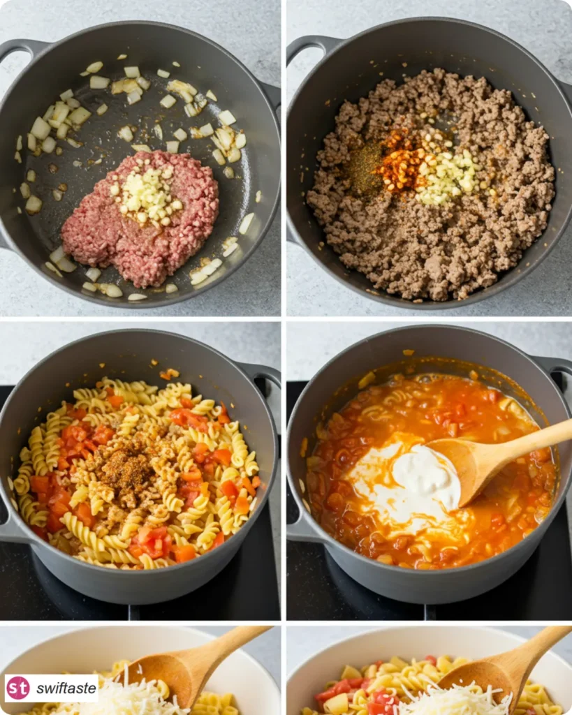 Steps for One-Pot Creamy Ground Beef Pasta from sauté to creamy finish