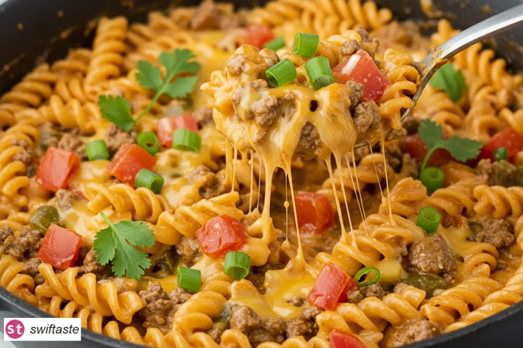 One-Pot Taco Pasta with creamy taco sauce and melted cheddar