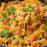 One-Pot Taco Pasta with creamy taco sauce and melted cheddar