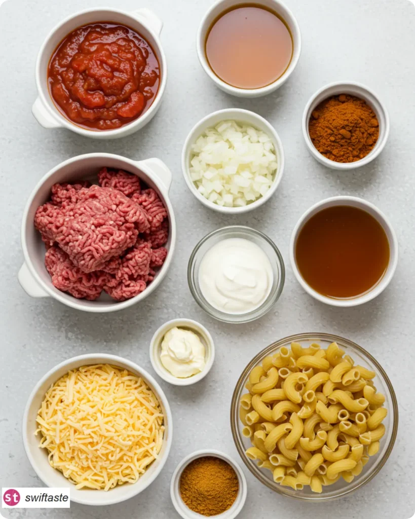 Ingredients for One-Pot Taco Pasta arranged overhead