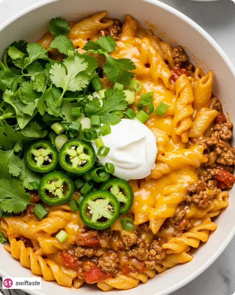 One-Pot Taco Pasta served with fresh toppings