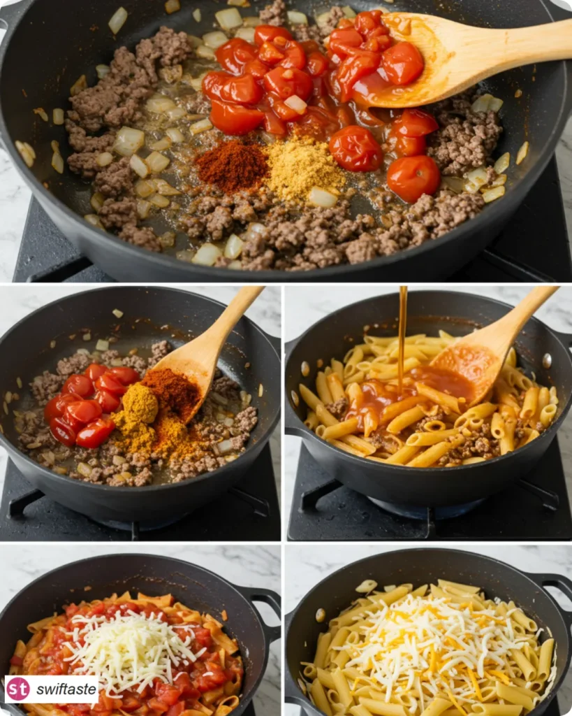 Steps to make One-Pot Taco Pasta from browning to cheesy finish