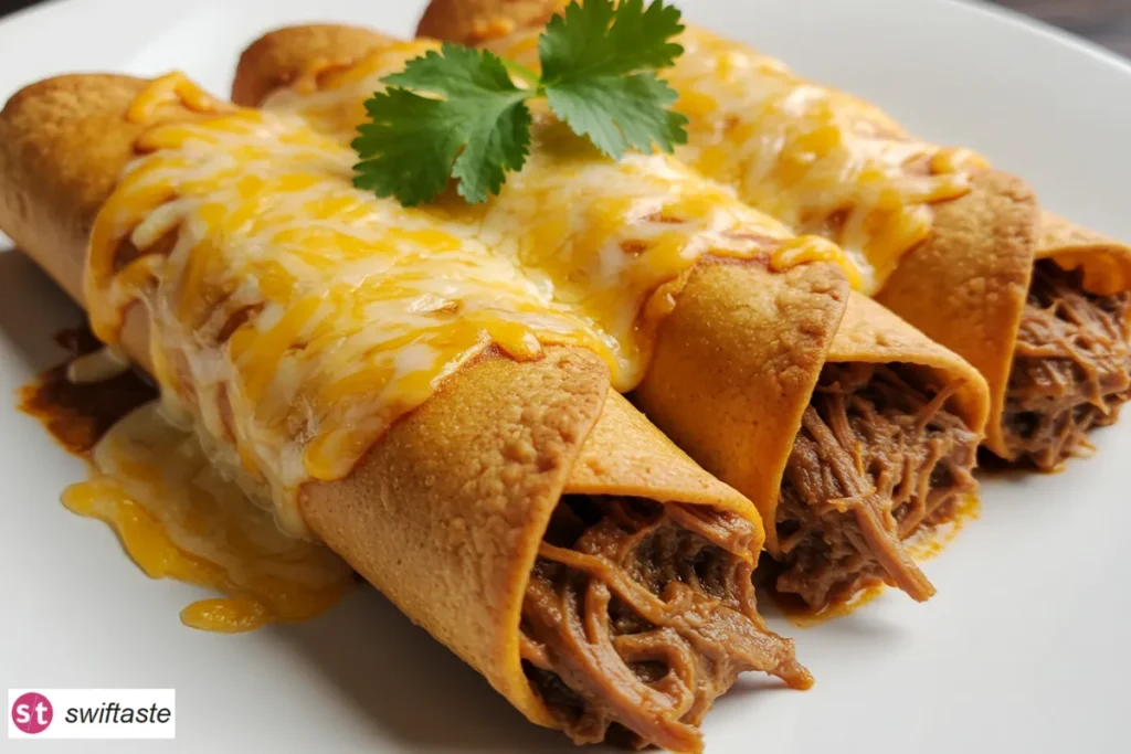 Shredded Beef Enchiladas with red sauce and melted cheese close-up