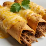 Shredded Beef Enchiladas with red sauce and melted cheese close-up