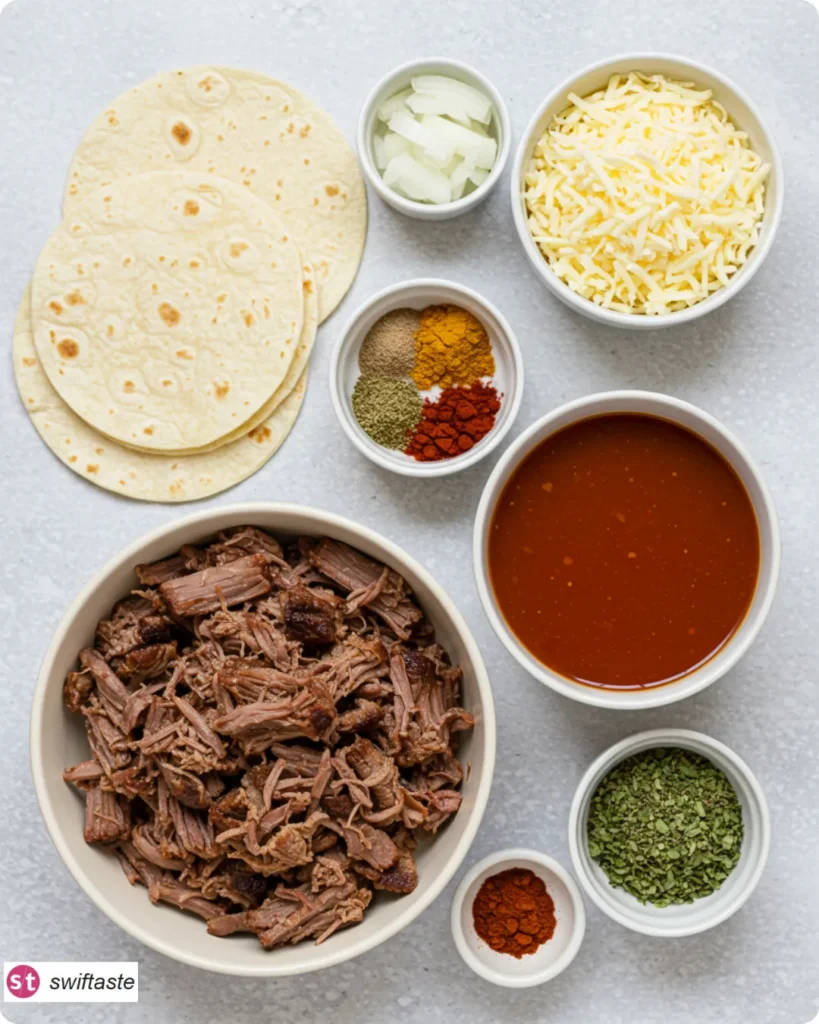 Ingredients for Shredded Beef Enchiladas arranged flat-lay