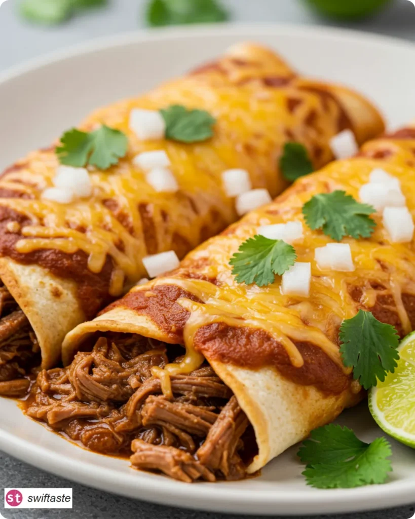 Shredded Beef Enchiladas plated with cilantro and onion