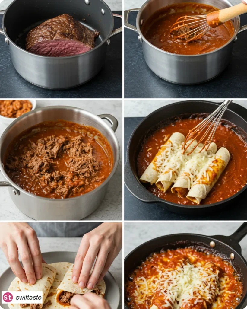 Steps for Shredded Beef Enchiladas: sear, shred, sauce, roll, bake
