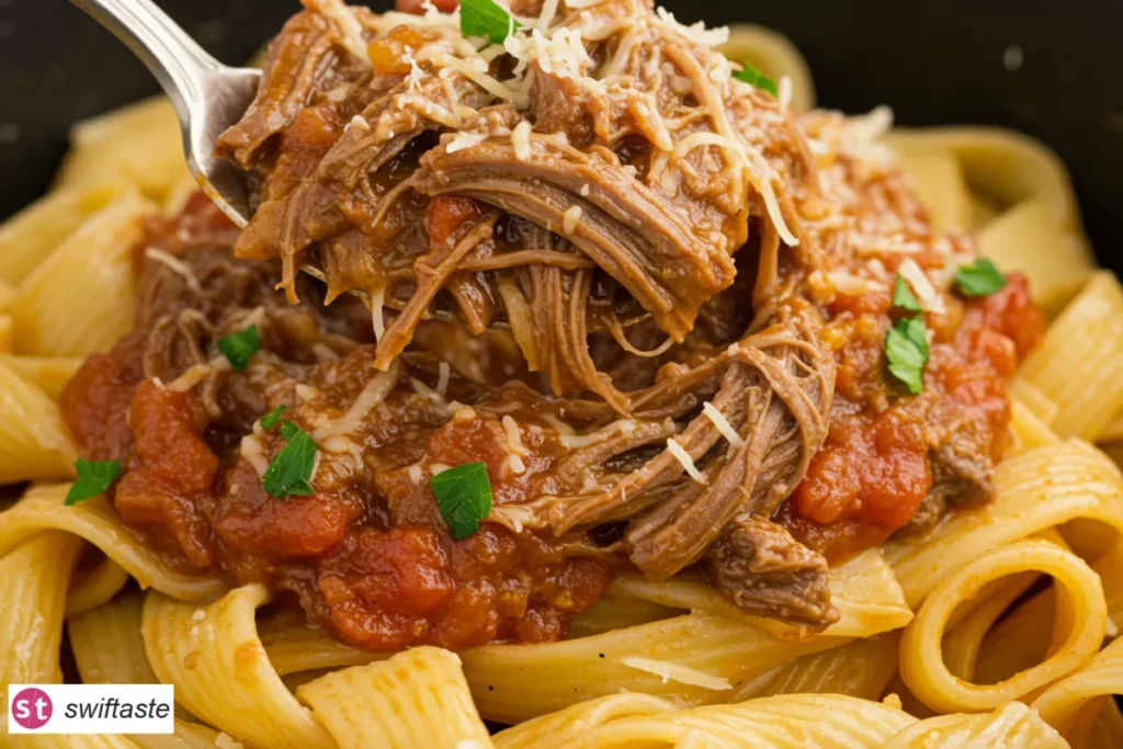 Slow Cooker Beef Ragu over pappardelle with Parmesan