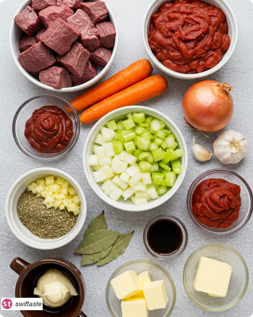 Ingredients for Slow Cooker Beef Ragu laid out overhead