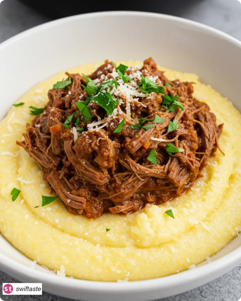 Slow Cooker Beef Ragu served over creamy polenta