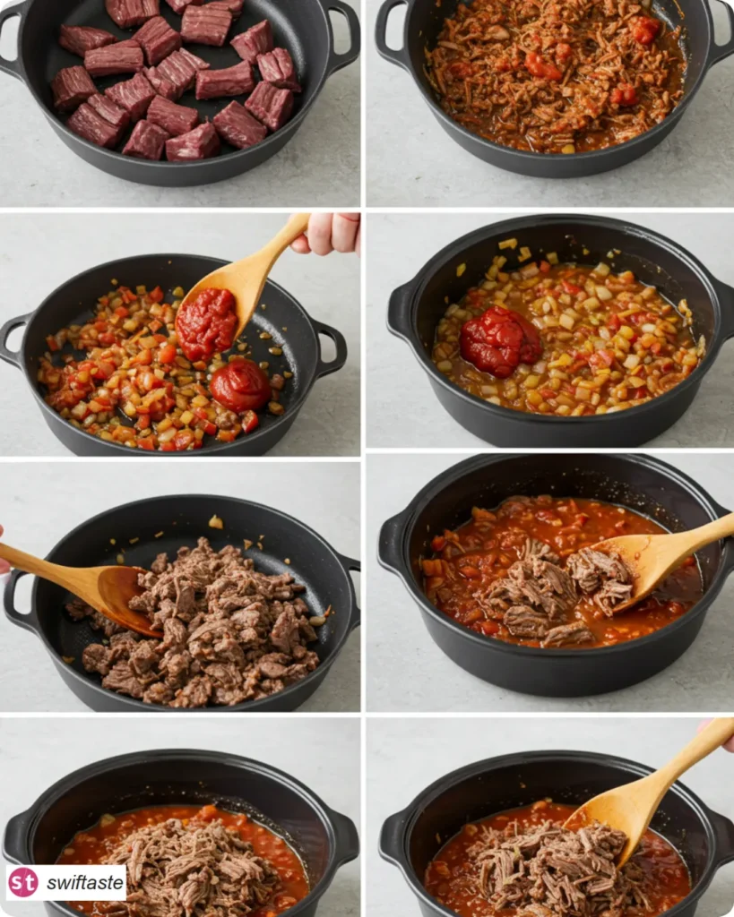 Steps for Slow Cooker Beef Ragu from sear to shred