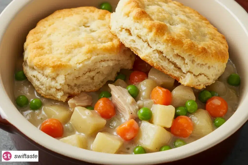 Slow Cooker Chicken Pot Pie with creamy filling and biscuit