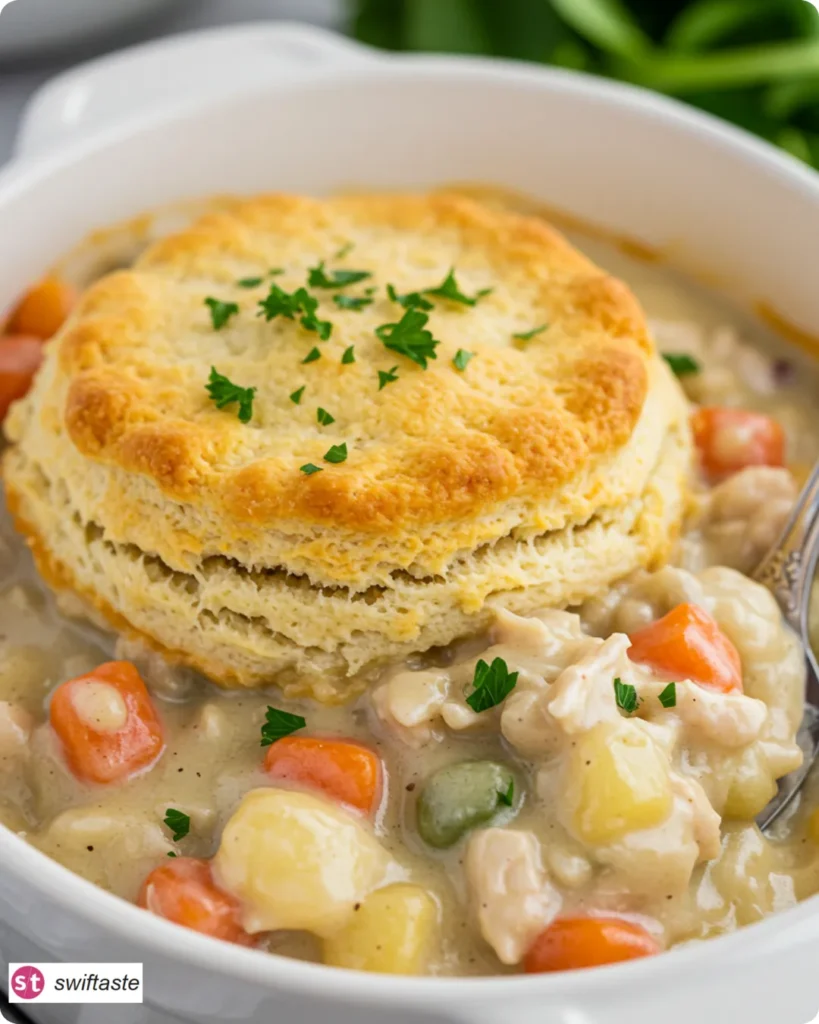 Bowl of Slow Cooker Chicken Pot Pie ready to serve