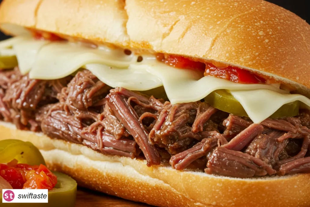 Slow Cooker Italian Beef Sandwiches close-up with au jus